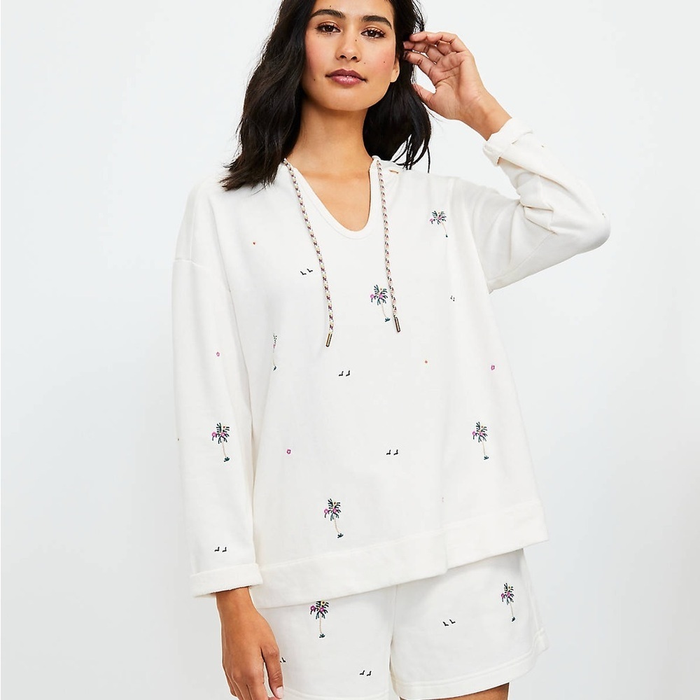 NWT Lou & Grey Paradise Palm Embroidered Hooded Sweatshirt, Size L